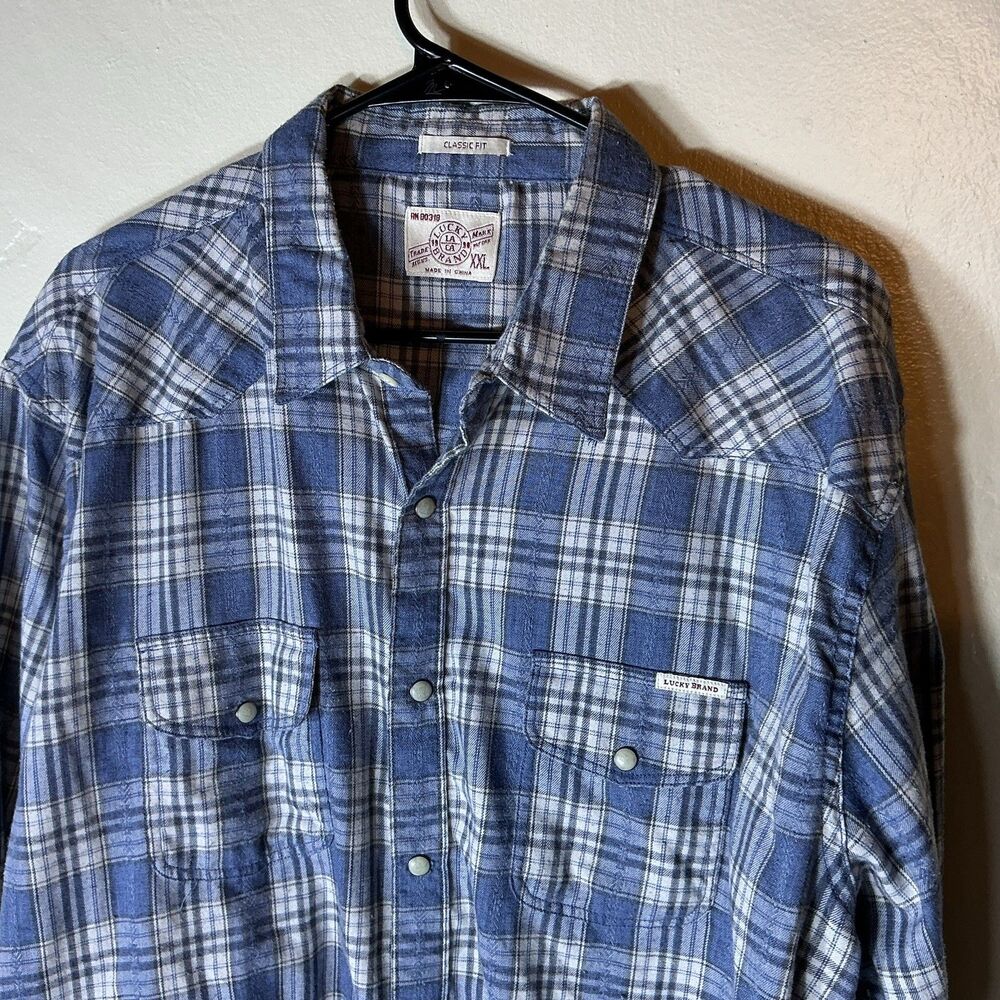 Lucky Brand XXL Flannel Mens Blue Plaid Soft Brushed Cotton Snap Western Shirt